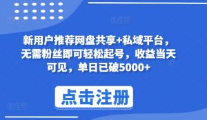 新用户推荐网盘共享+私域平台，无需粉丝即可轻松起号，收益当天可见，单日已破5000+【揭秘】-518网创